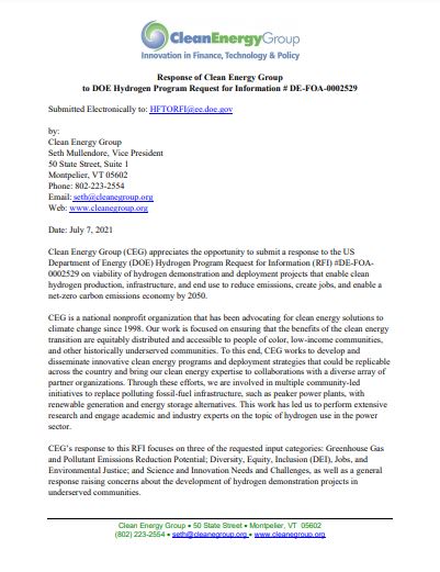 Comments in Response to the DOE Hydrogen Program Request for ...