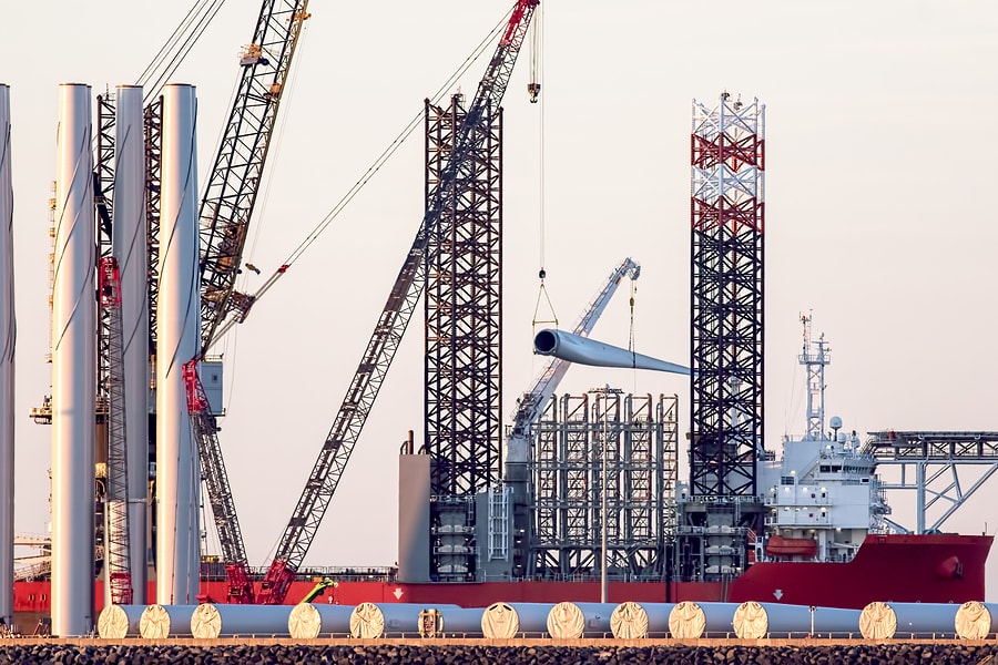 Wind turbine parts being loaded onto supply vessel at Great Yarmouth outer harbour UK. Photo Credit: sonnydaez/ Bigstock.com 