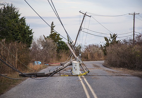 A downed electrical pole after hurricane Sandy